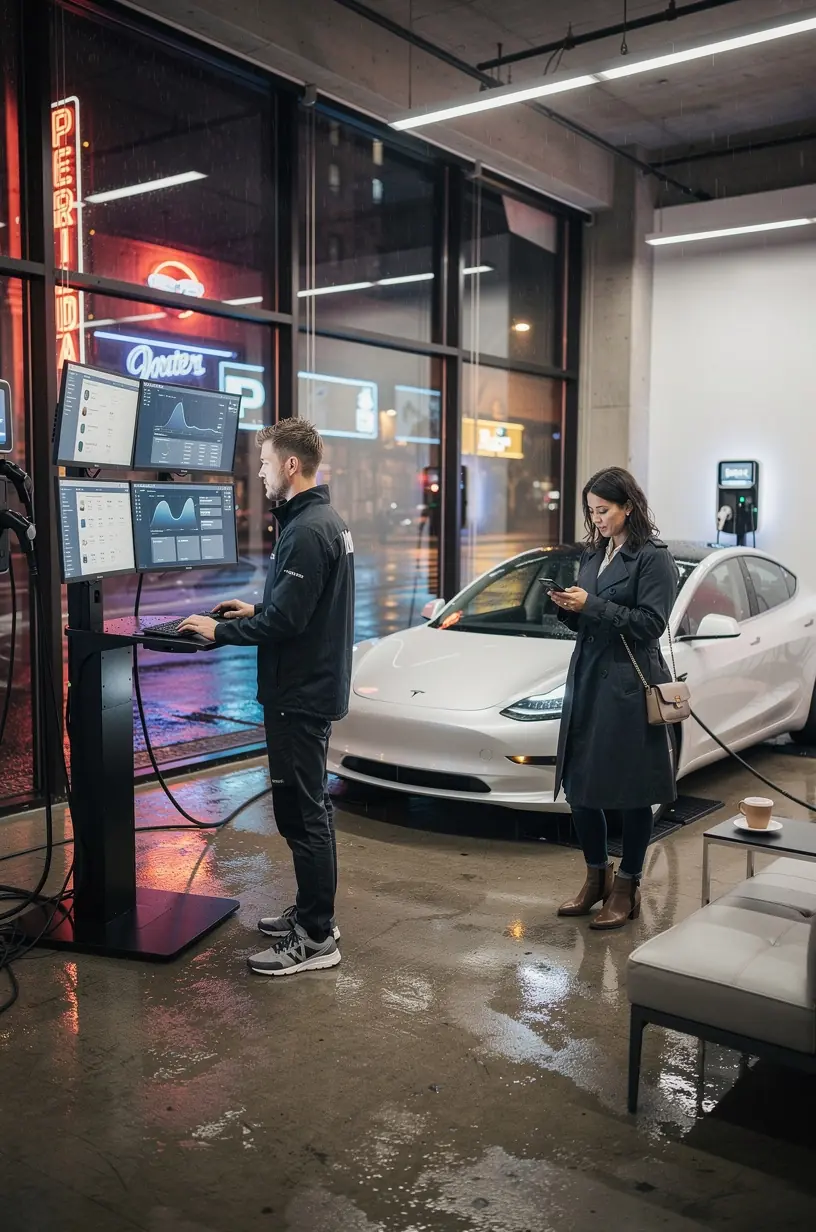 Edukacyjna tablica informacyjna wyjaśniająca działanie systemów elektrycznych w samochodach Tesla.