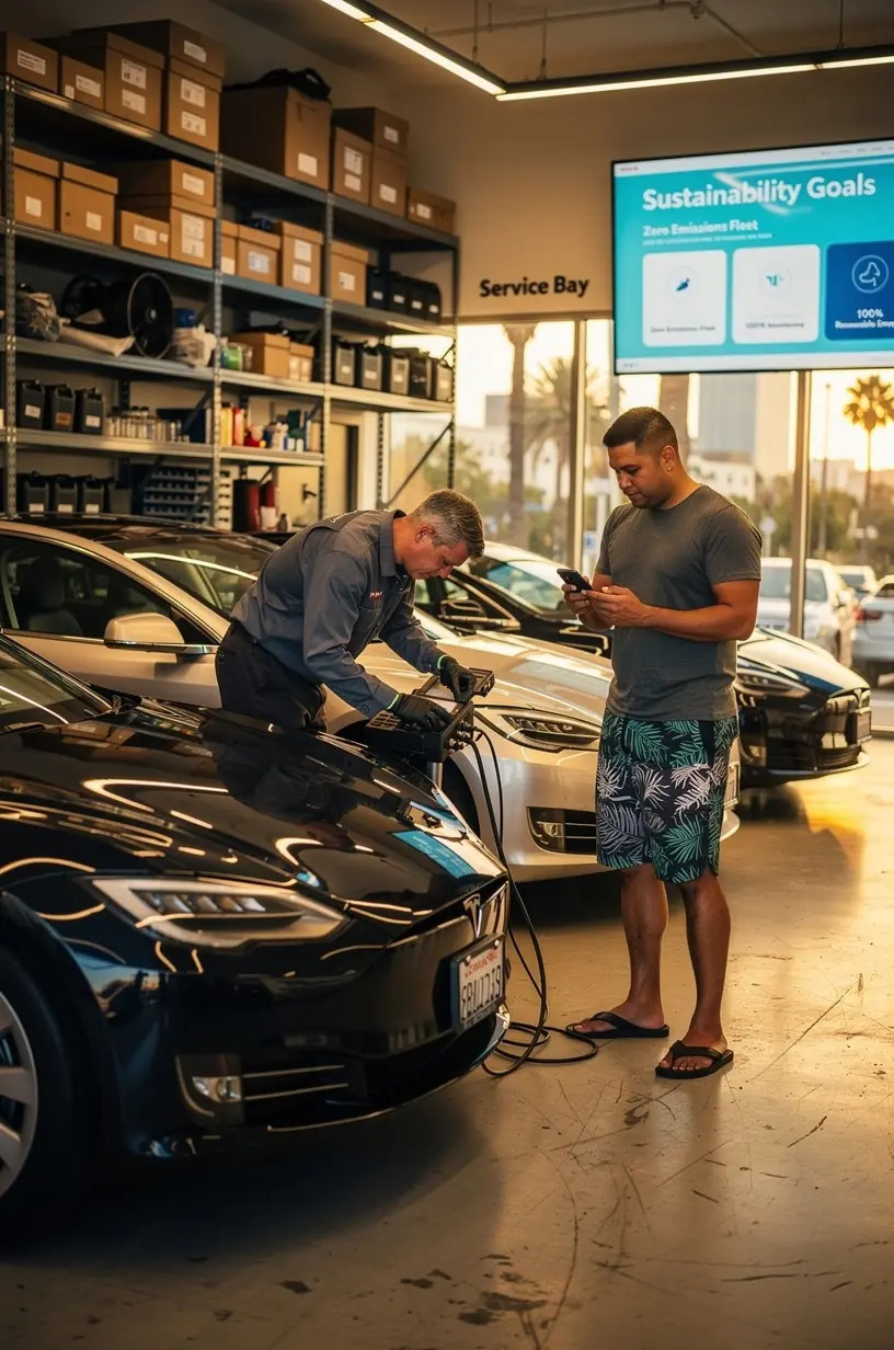 Zespół mechaników pracujących nad kalibracją oprogramowania w pojeździe elektrycznym.