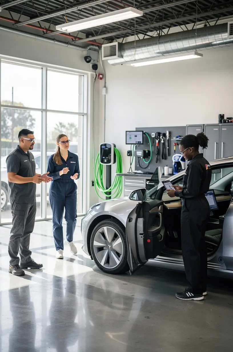 Zaawansowany system diagnostyczny używany do analizy samochodu elektrycznego marki Tesla.