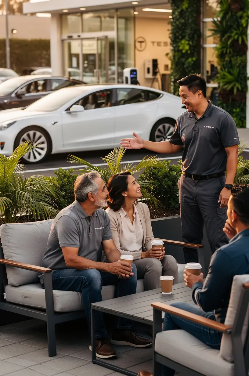 Specjalista prezentujący klientowi korzyści z serwisu pojazdów elektrycznych w Los Angeles.